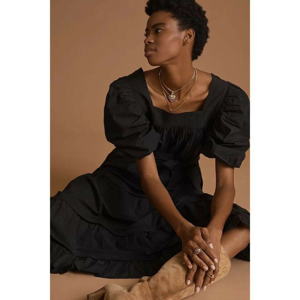 NWT ANTHROPOLOGIE X LOVE THE LABEL Sz M POPLIN PUFF SLEEVED TIERED MIDI DRESS - Picture 3 of 4